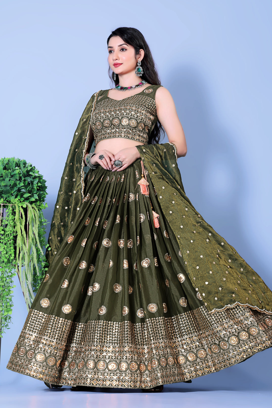 Mehndi Satin Circular Lehenga Choli