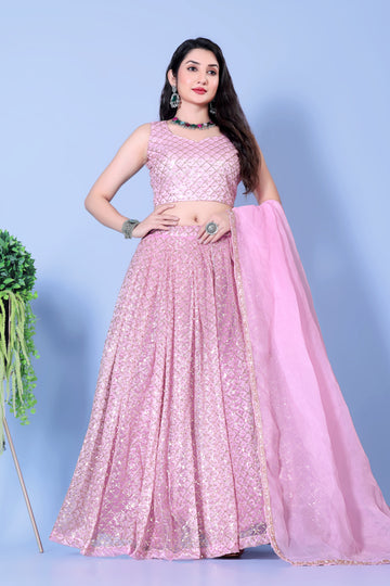 Embroidered Mirror Work Semi-Stitched Lehenga & Unstitched Blouse With Dupatta