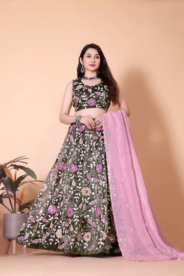 Embroidered Sequinned Semi-Stitched Lehenga & Unstitched Blouse With Dupatta