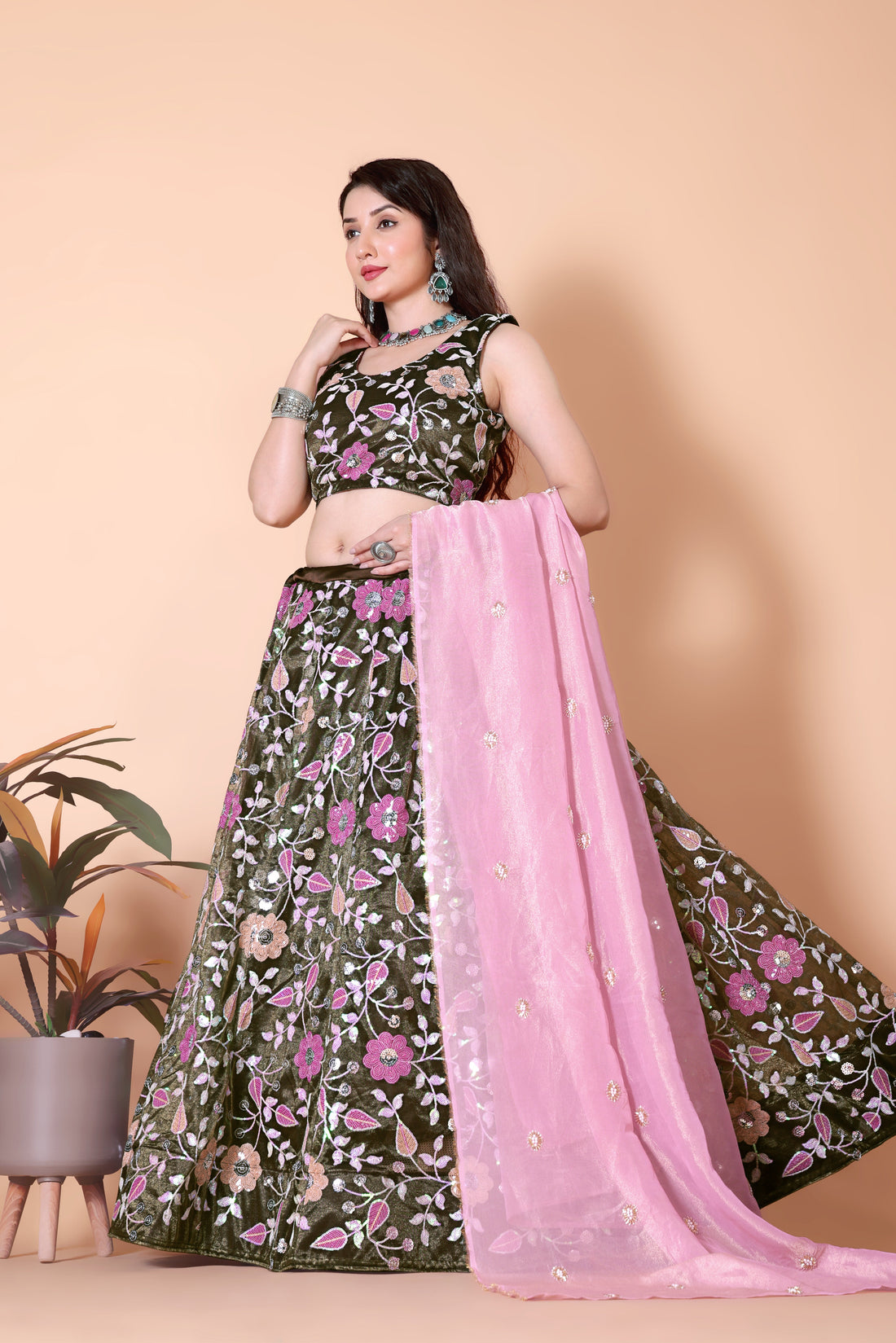 Embroidered Sequinned Semi-Stitched Lehenga & Unstitched Blouse With Dupatta