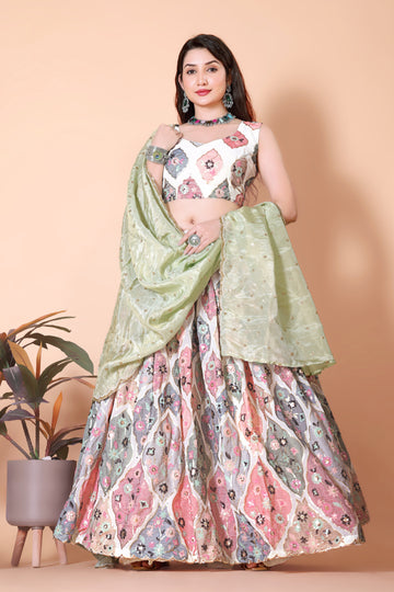 Classic White Pista Lehenga Choli with a Touch of Grace