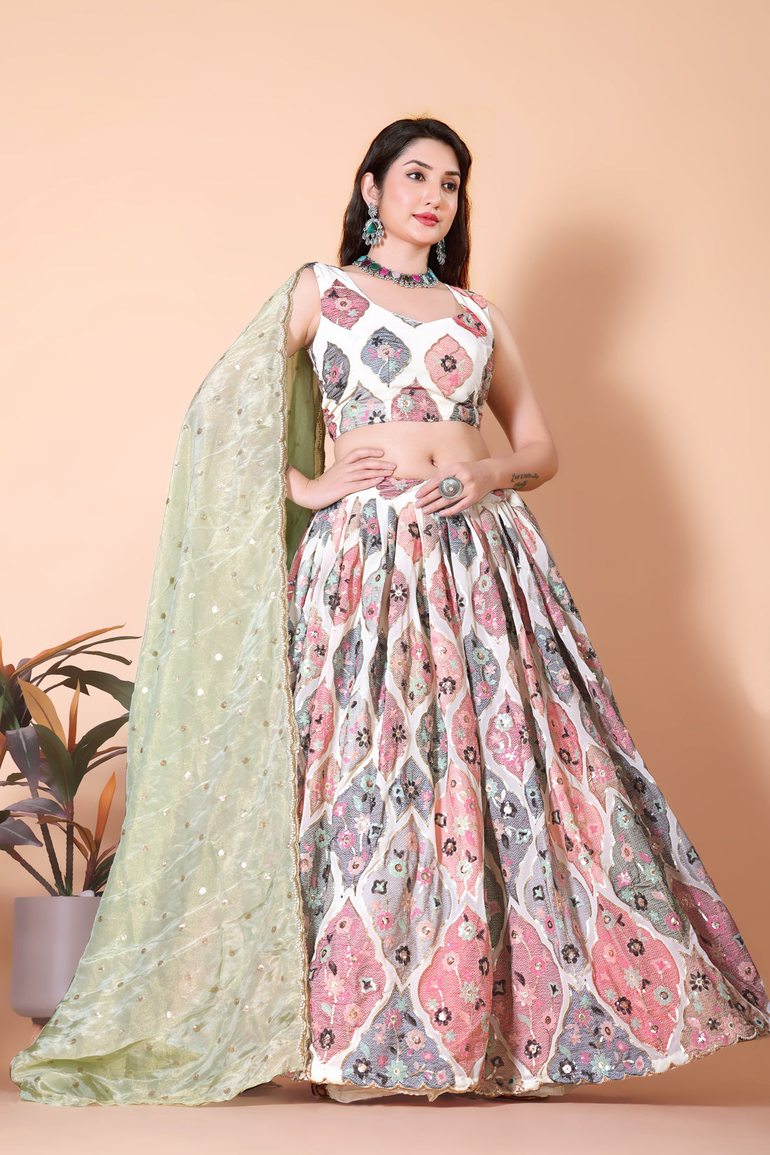 Classic White Pista Lehenga Choli with a Touch of Grace
