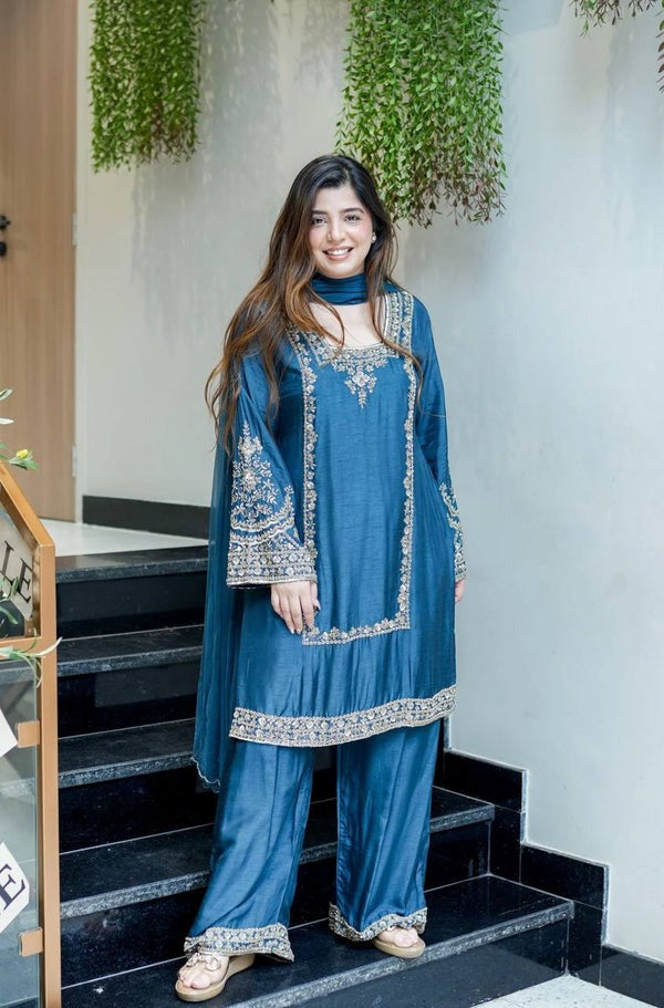 New Designer Chiffon Embroidered Set  Fully Stitched Top, Plazzo & Dupatta